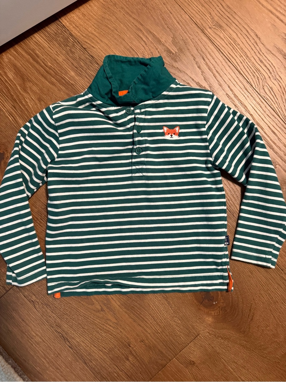 JoJo Maman Bebe Green & White Striped Long-Sleeve Polo with Fox Patch